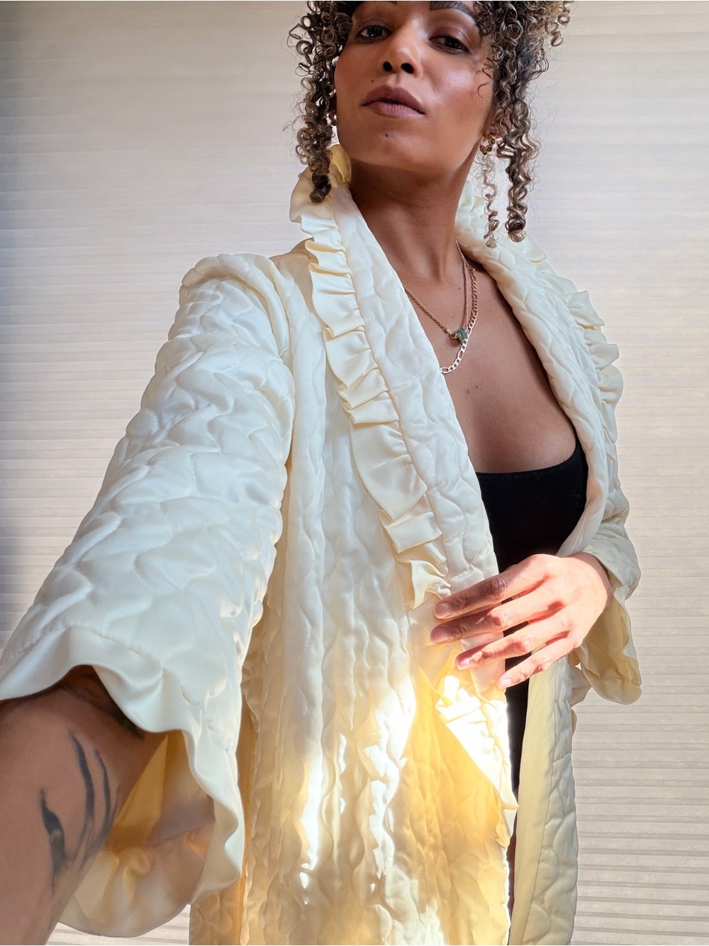 Vintage Ariel Ivory Quilted Opera Robe | Full-Length Ruffle Dressing Gown - Picture 7 of 10